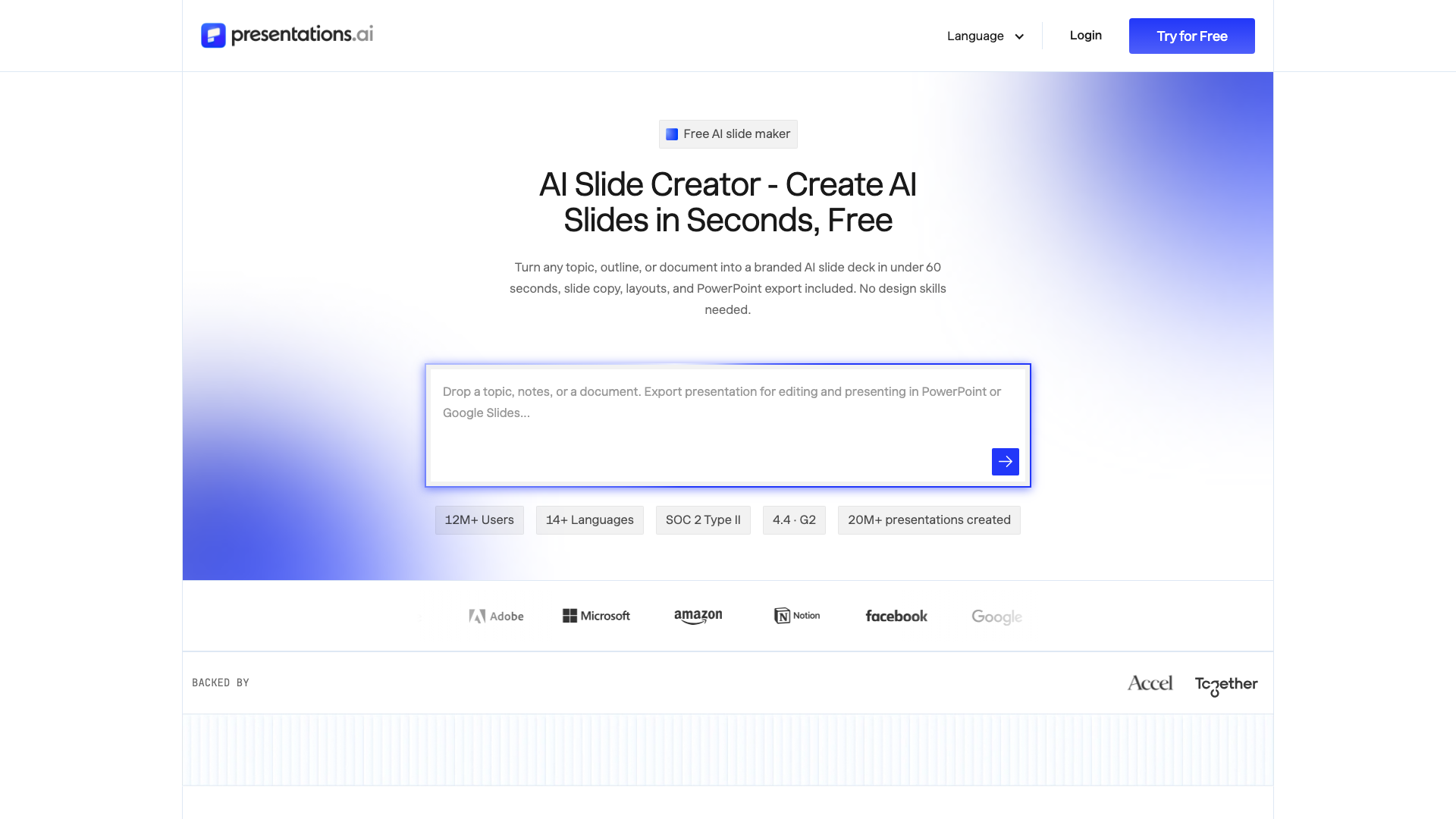 Presentations.AI 官网页面截图